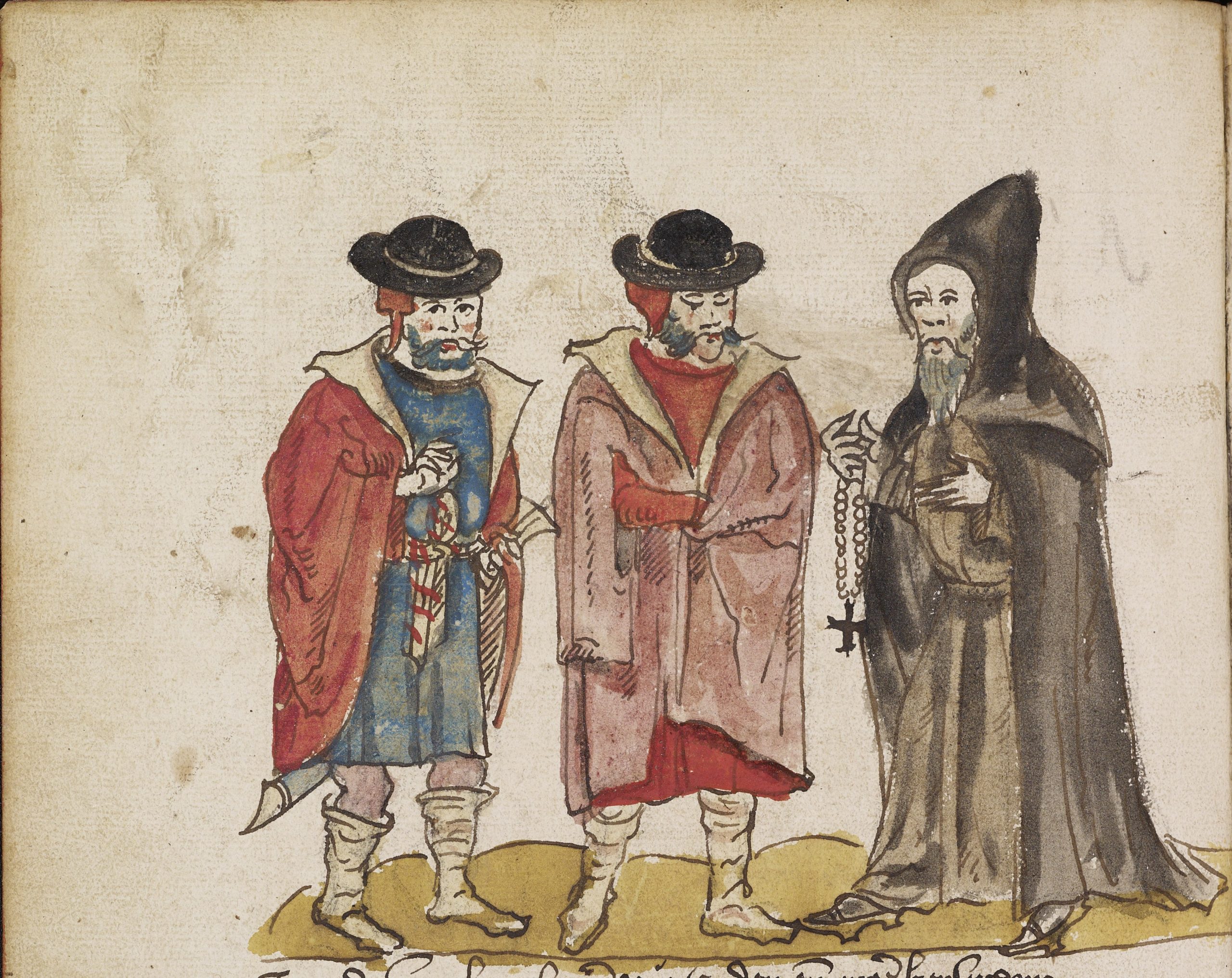 Sixteenth-century pen and wash depiction of three figures representing Greek Christians
