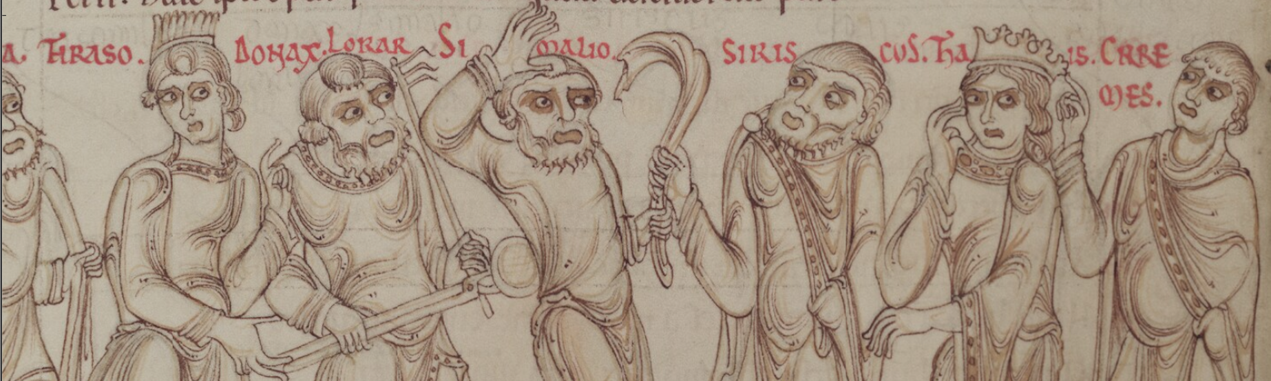 An illustration from a 12th century English manuscript of Terence's Eunuchus: the image depicts the soldier Thraso and his henchmen ready to besiege a house.