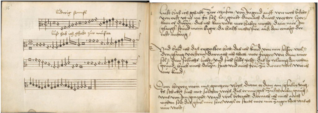 Open book with music notation on the left side and song text on the right hand side, landscape format
