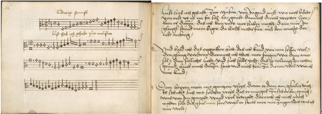 Open book with music notation on the left side and song text on the right hand side, landscape format
