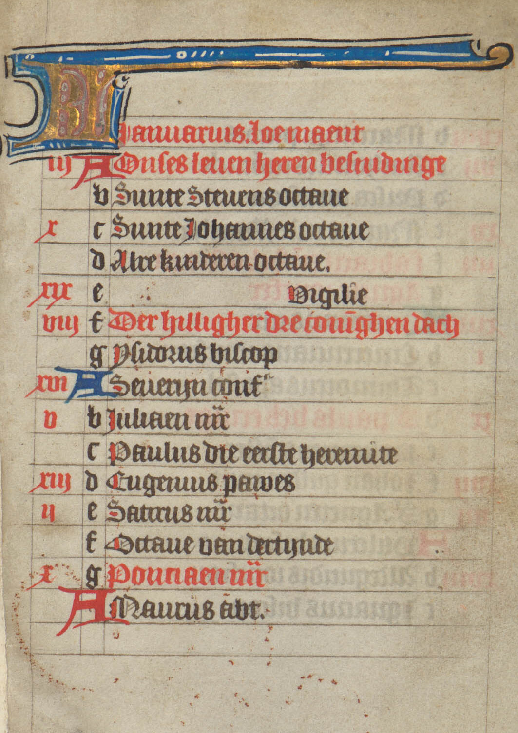 The January page of a calendar in a manuscript book of hours.