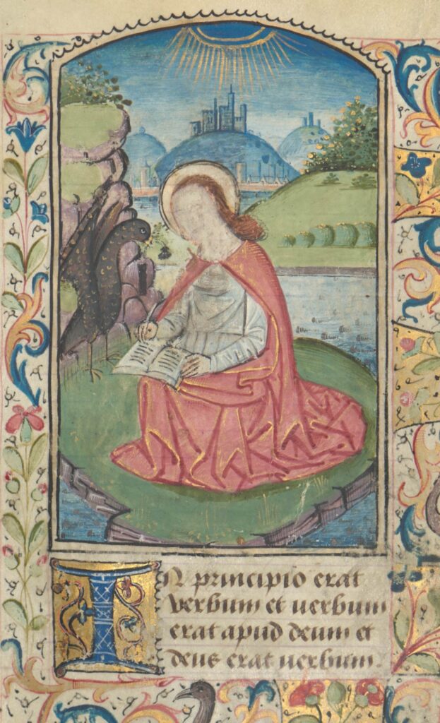 A manuscript illumination of St. John writing, an eagle perches on the left, and a castle can be seen in the background on a hill. John's face is rubbed away.