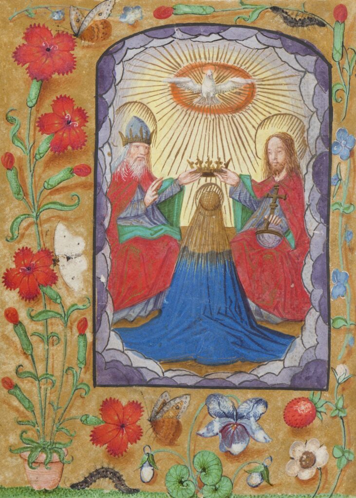 A manuscript image of the Coronation of Mary, her back to the viewer, in a blue robe and her gold hair running down her back.