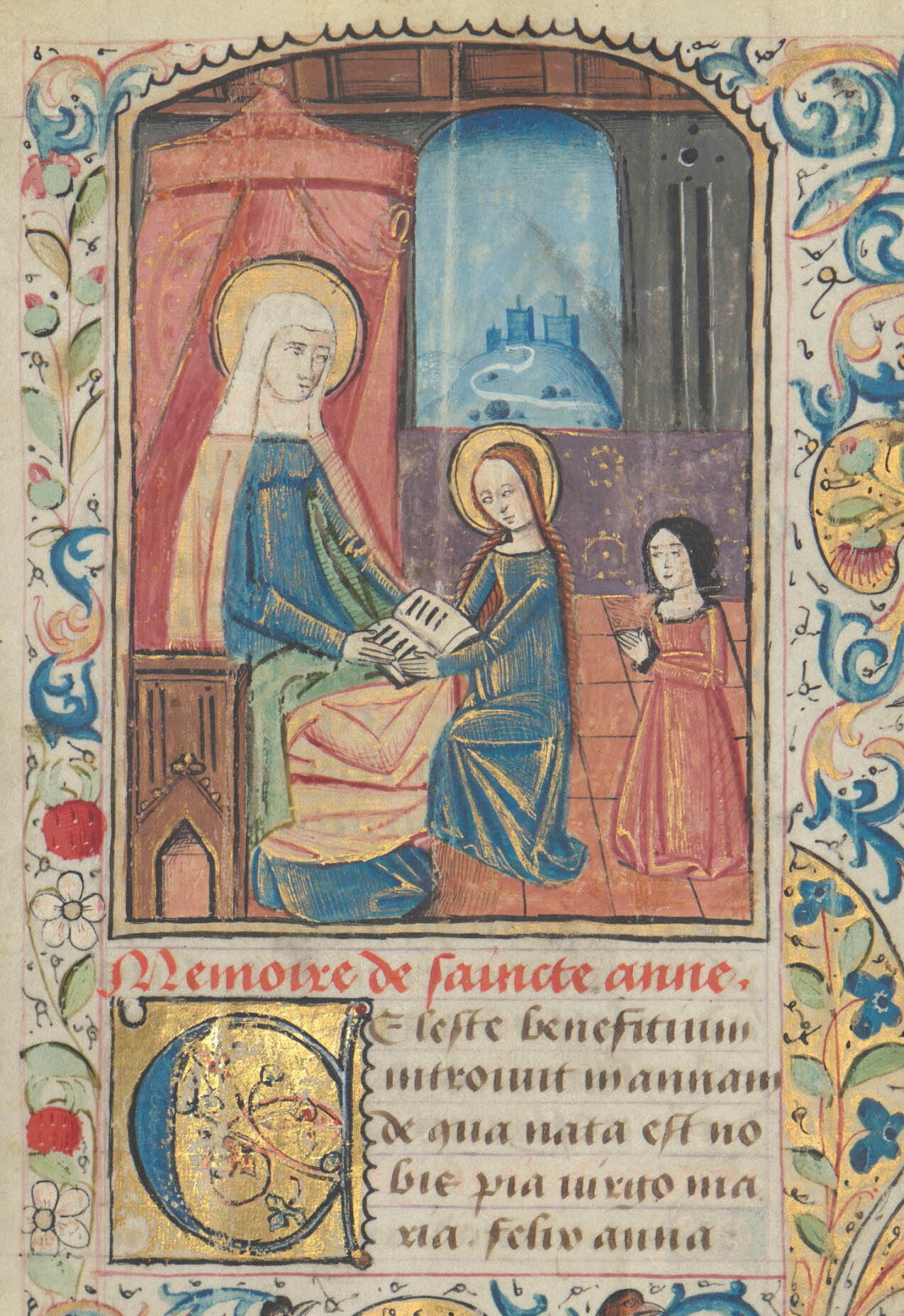 A manuscript image of St. Anne in a blue dress, white veil, with a halo, reading to her daughter Mary, also with a halo. A young girl kneels in prayer to the right.