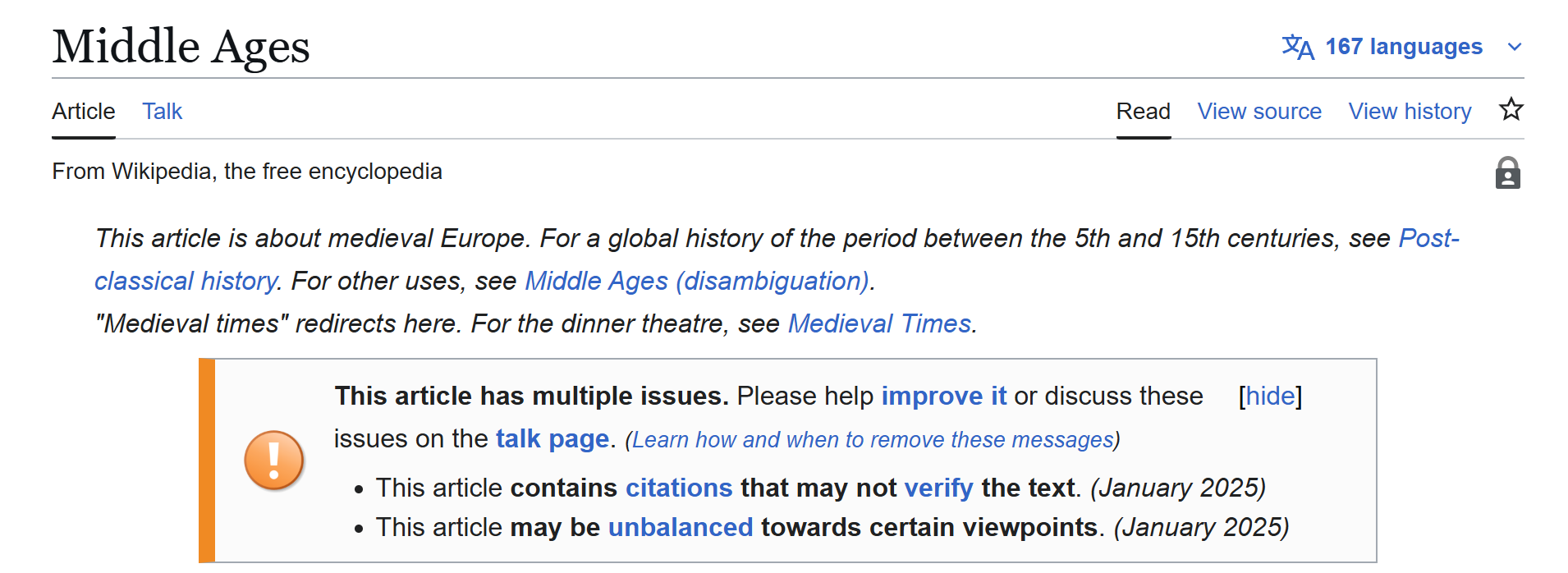 A Screenshot of the beginning of the "Middle Ages"-Wikipedia article.