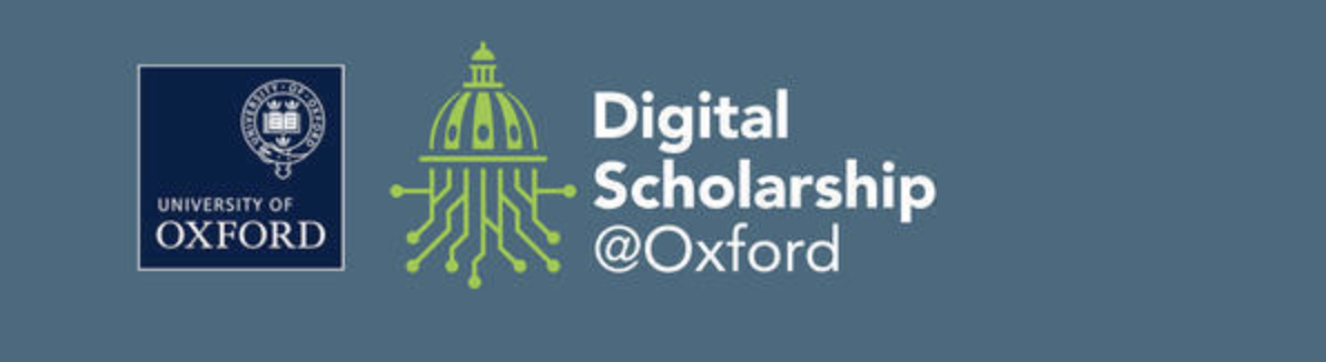 Screenshot of header image with logo of the University of Oxford and the stylised cupola of the Radcliffe Camera turning into graphic arrows in green on dark blue